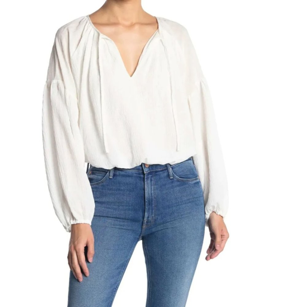 WAYF Medium Blouson Sleeve Tie Front Bubble Hem Crepe Gauze Blouse